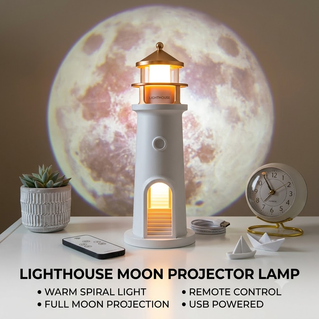 Moon Lighthouse Projector Lamp with Remote Control & Stand – USB Powered