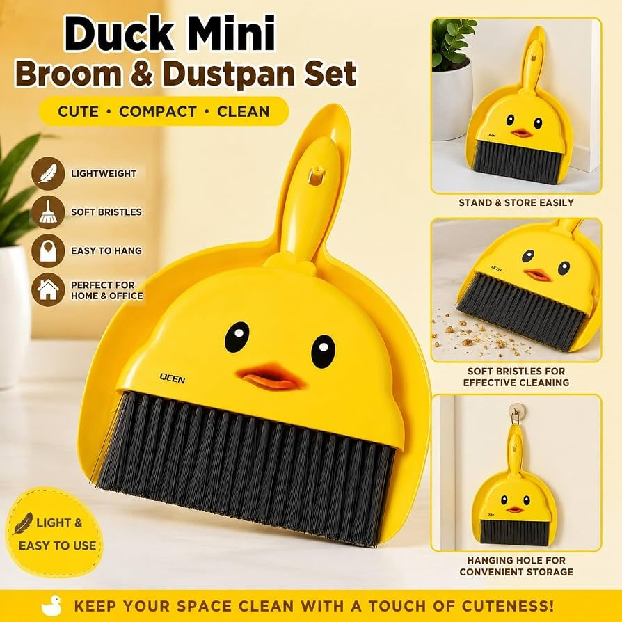Cute Duck Mini Broom & Dustpan Set – Portable Handheld Cleaning Brush for Home & Kitchen