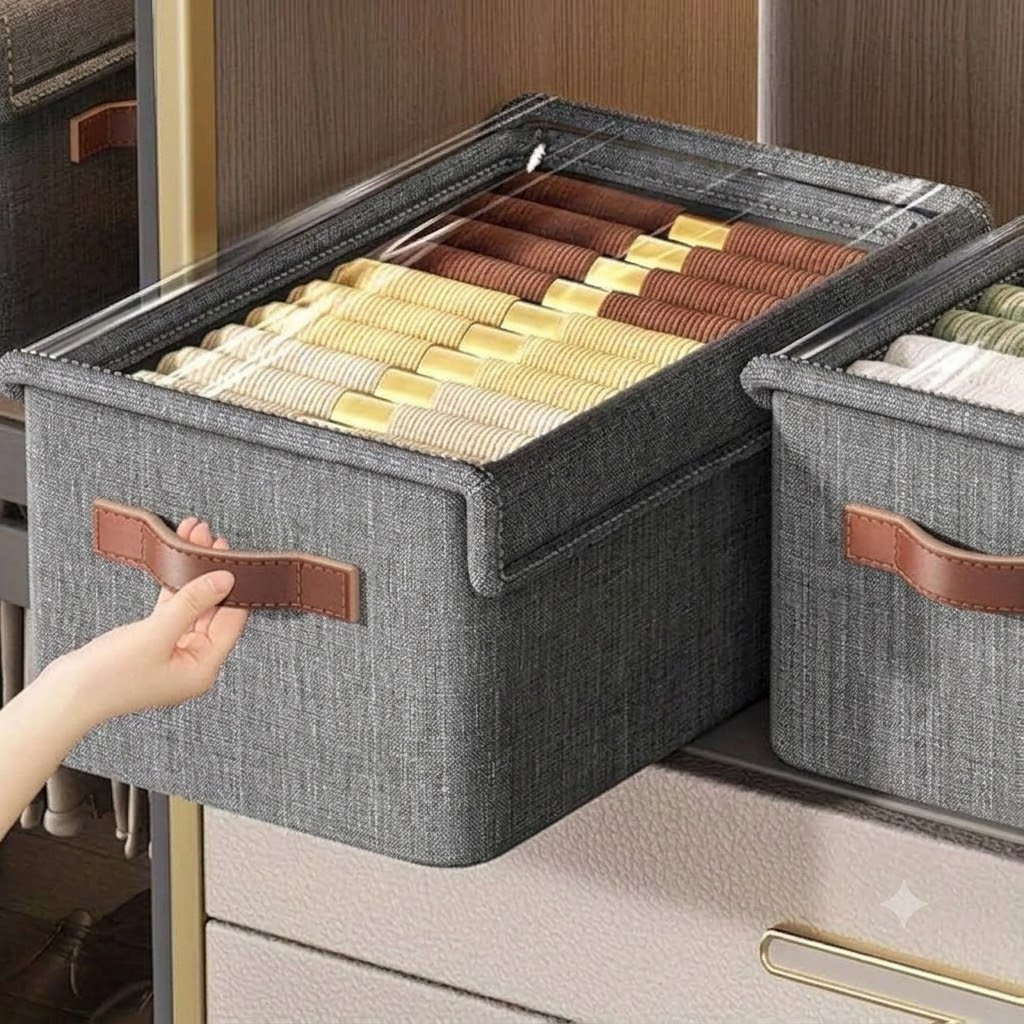 Grey Fabric Foldable Clothes Storage Organizer Box with Clear Lid & Handle