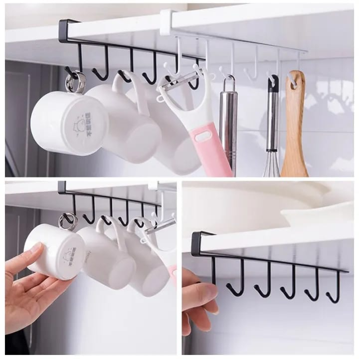 Under Cabinet Kitchen Storage Rack with 6 Hooks – Multipurpose Hanging Organizer