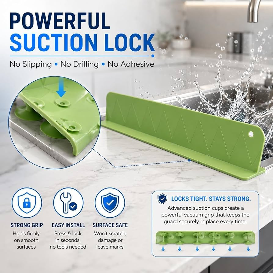 Kitchen Sink Splash Guard with Suction Cups – No Drill Water Splash Barrier