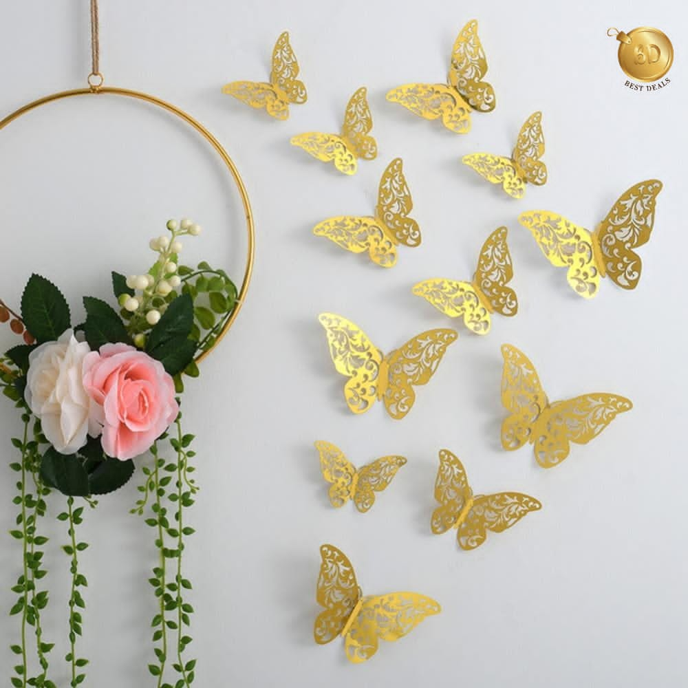 12 Pcs 4D Hollow Butterfly Wall Stickers – Golden/Silver Home & Wedding Decoration