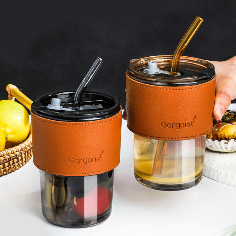 Glass Drinking Tumbler with Straw & Leather-Style Sleeve