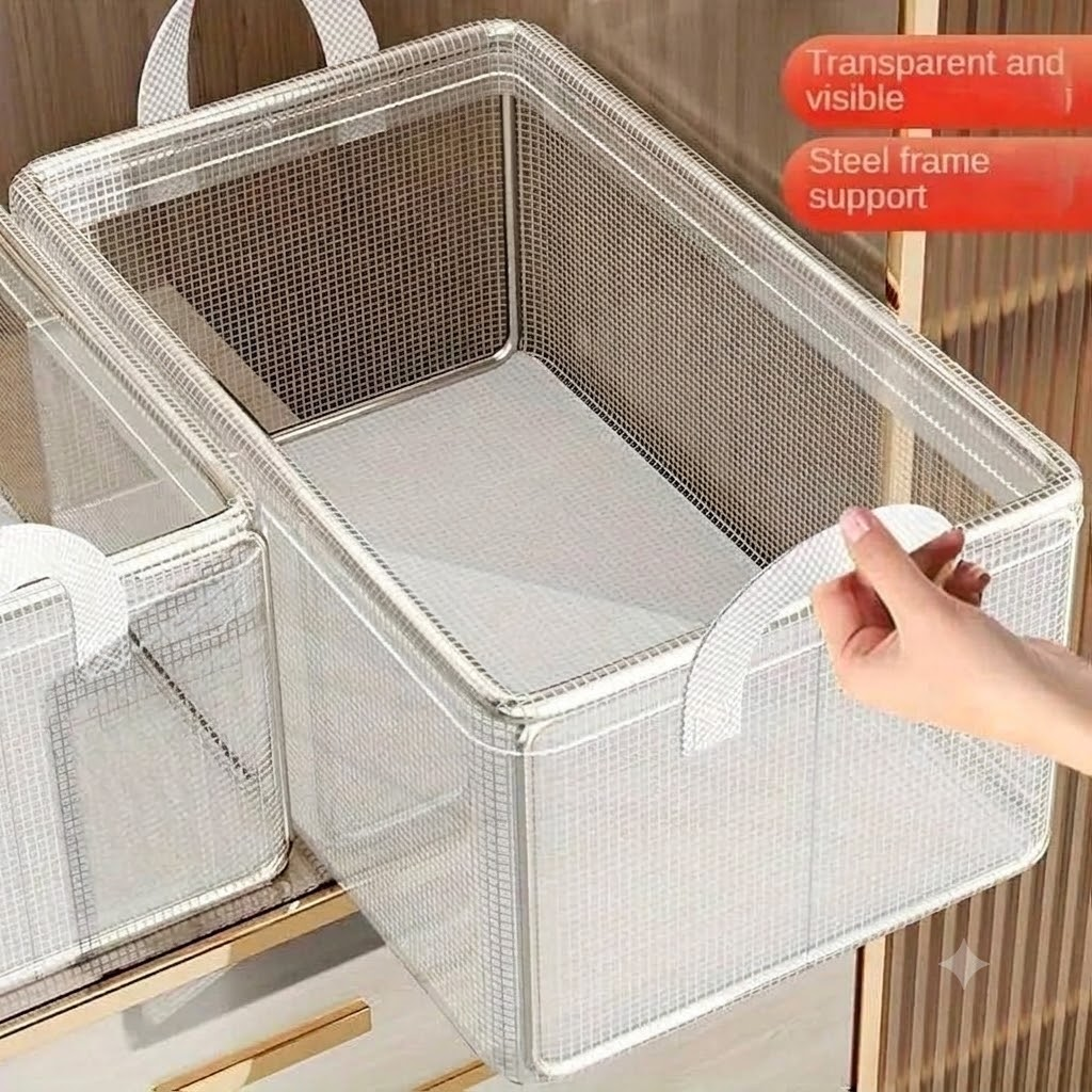 Transparent Foldable Clothes Storage Organizer Basket with Steel Frame & Handles