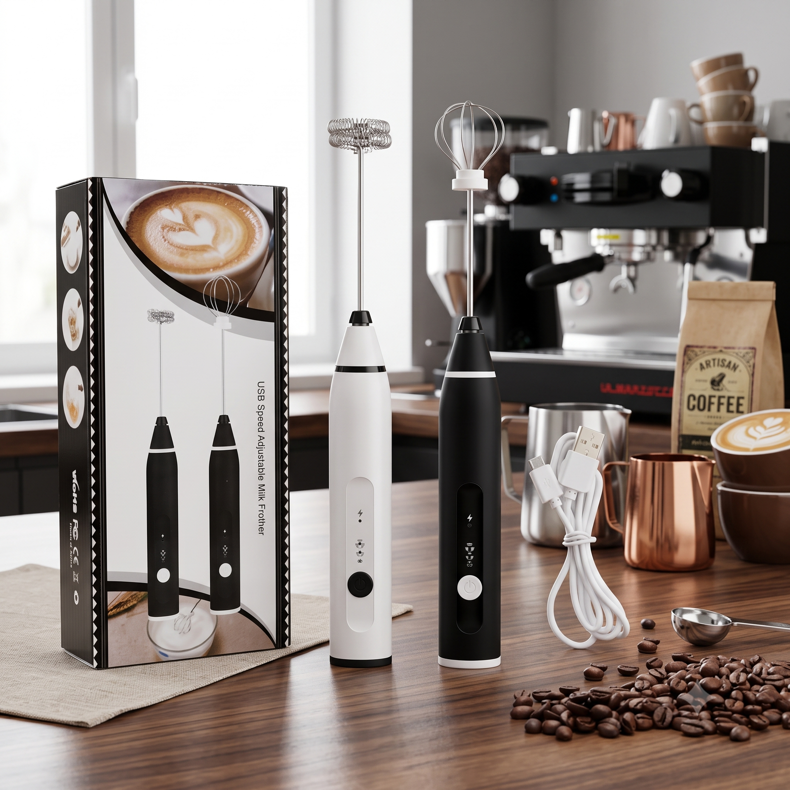 USB Rechargeable Coffee Beater & Milk Frother with 2 Attachments