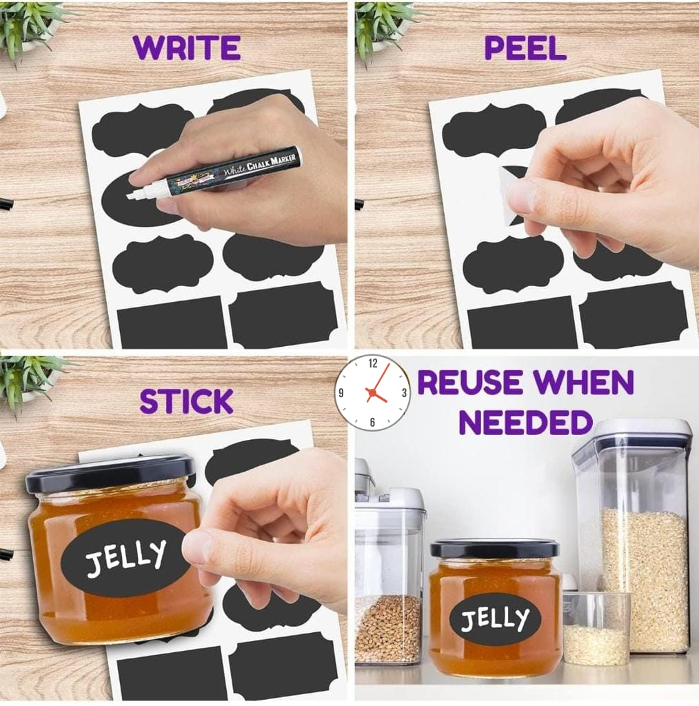 Chalkboard Labels with Erasable White Chalk Marker – 24 Reusable Jar Labels with Pen