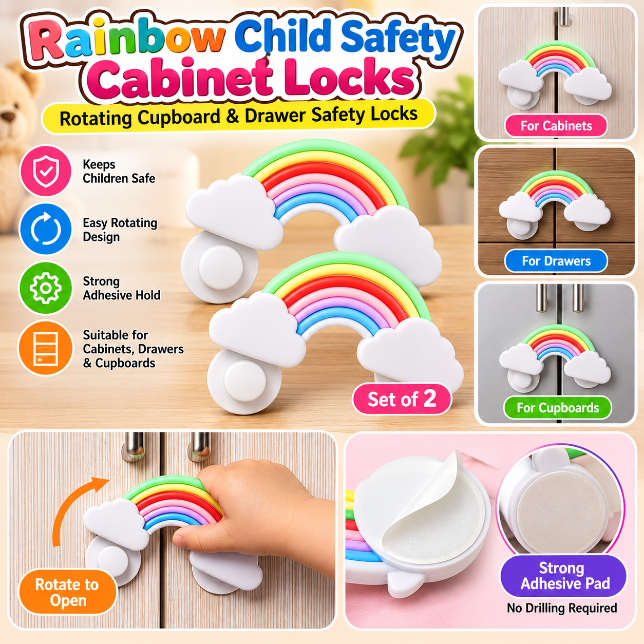 Rainbow Child Safety Cabinet Locks – Set of 2 | Rotating Cupboard & Drawer Safety Locks