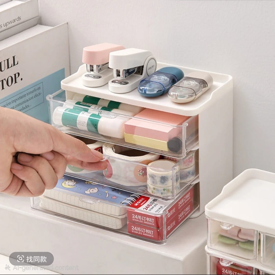 3-Tier Transparent Drawer Storage Box – Desktop Organizer with Pull-Out Drawers for Stationery & Accessories