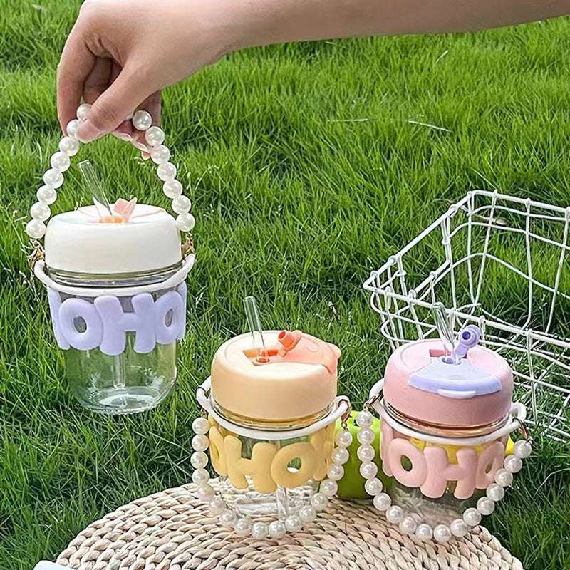 HOHO Moti Straw Mug 350ML – Cute Glass Drinking Mug with Pearl Bead Handle & Straw