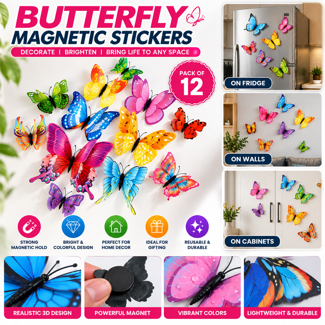 Butterfly Magnetic Stickers Decorations – Colourful Fridge Magnets Pack of 12