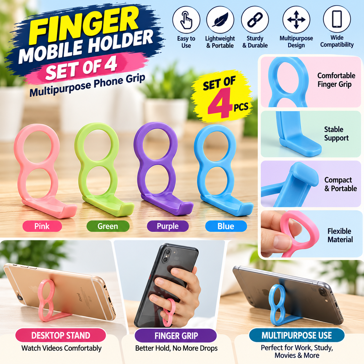 Finger Mobile Holder Set of 4 – Multipurpose Phone Grip & Desktop Stand