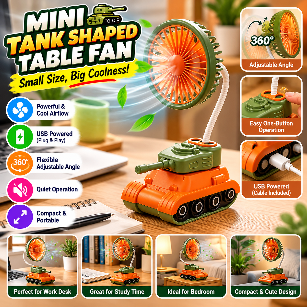 Mini Tank Shaped Table Fan – Compact Desk Fan