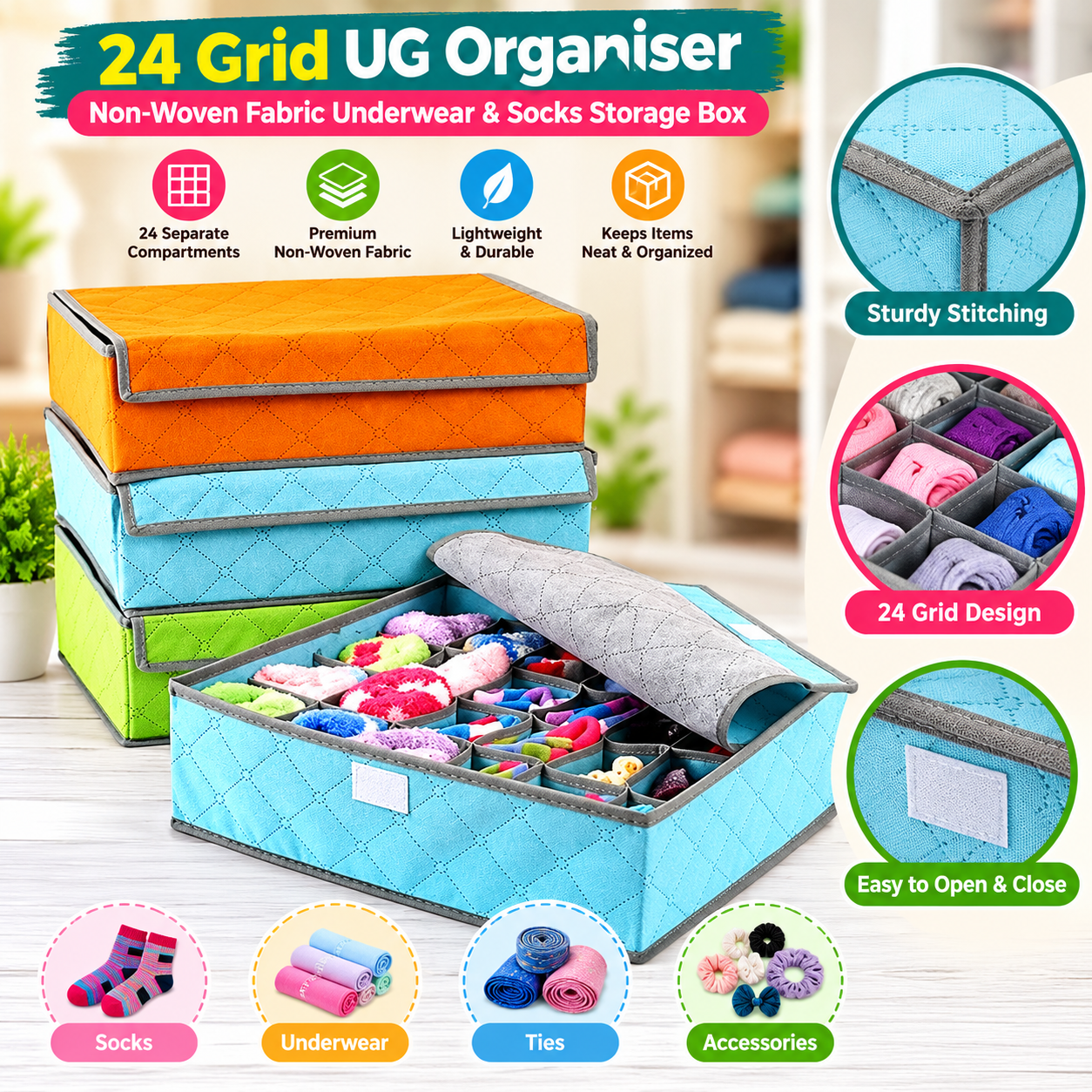 24 Grid UG Organiser – Non-Woven Fabric Underwear & Socks Storage Box