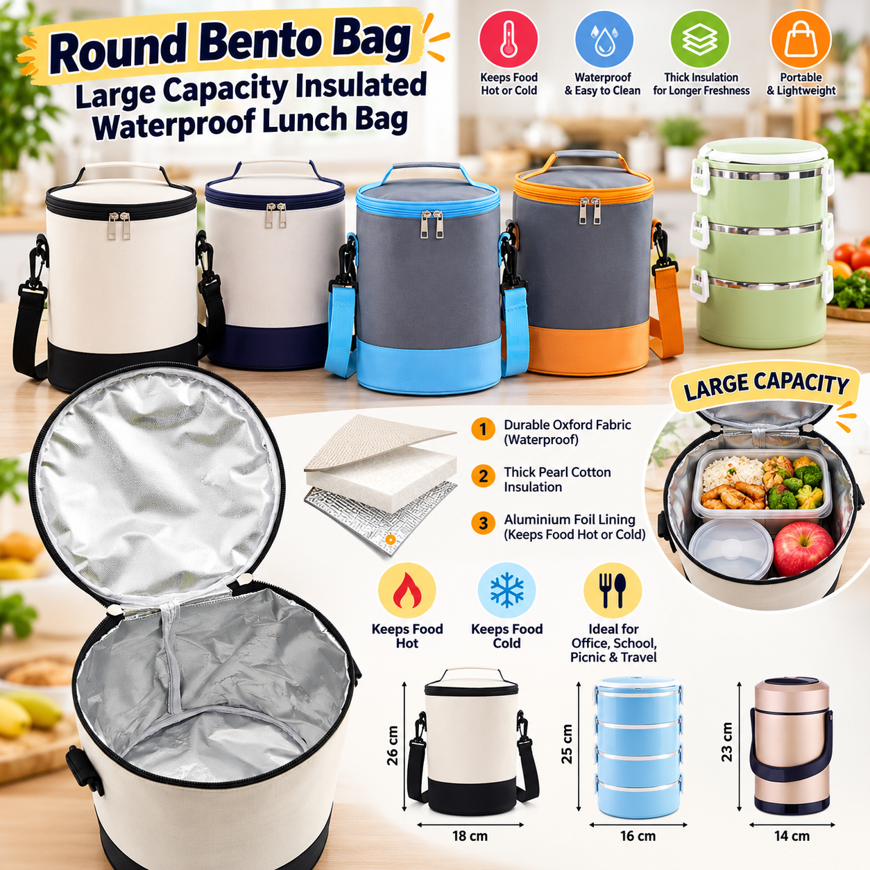 Round Bento Insulated Lunch Bag – Waterproof Thermal Food Carry Bag