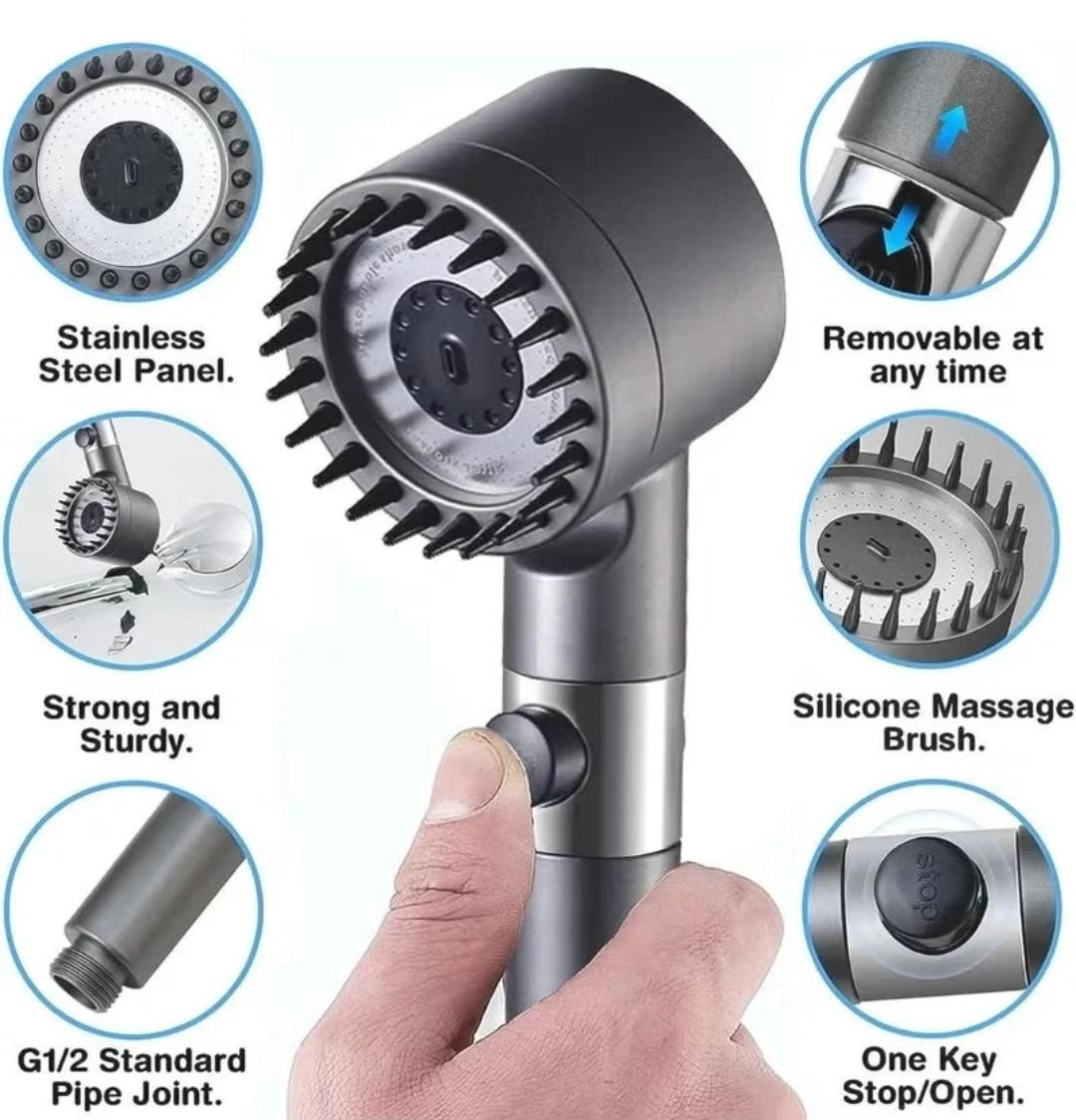 Turbo Shower Head with Silicone Massage Brush, One-Touch Stop Button & G1/2 Connection