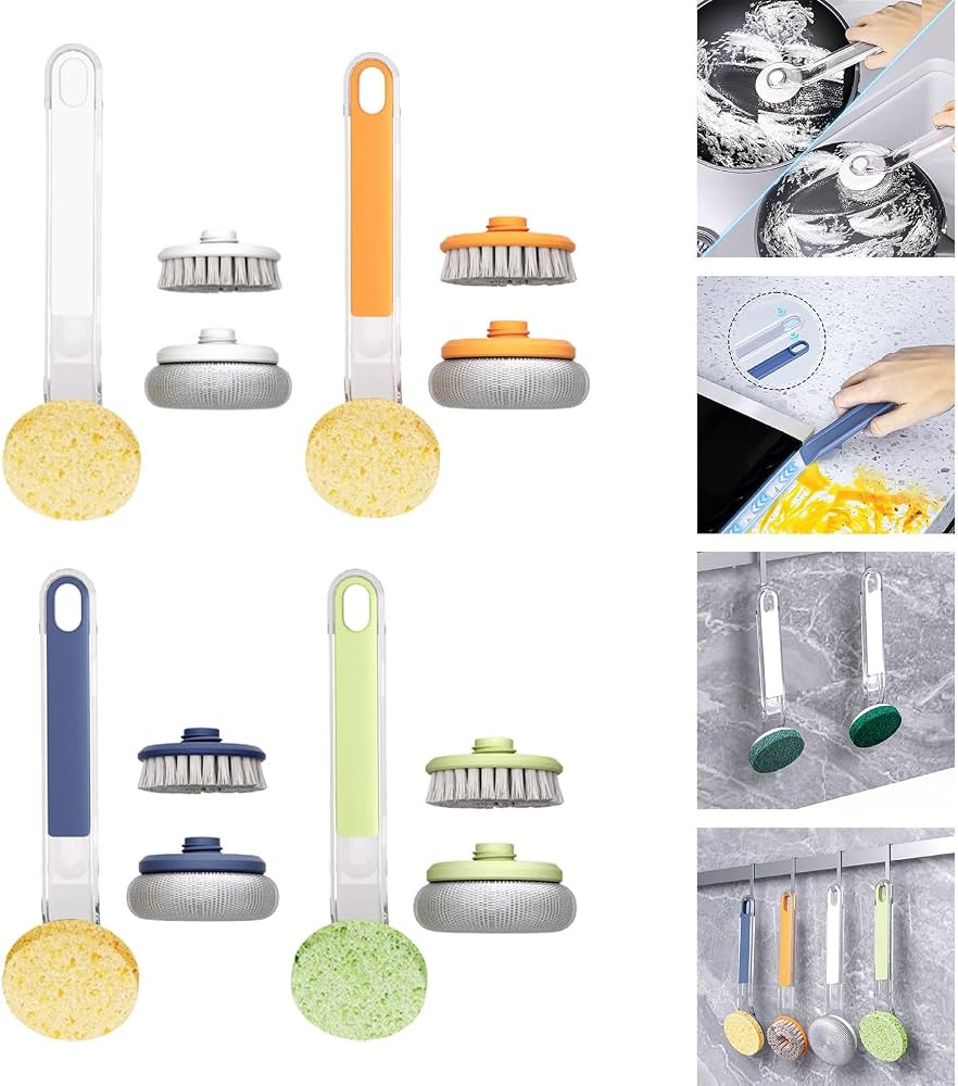 4-in-1 Long Handle Kitchen Cleaning Brush with 4 Replaceable Heads – Multipurpose Pot, Pan & Stove Scrubber