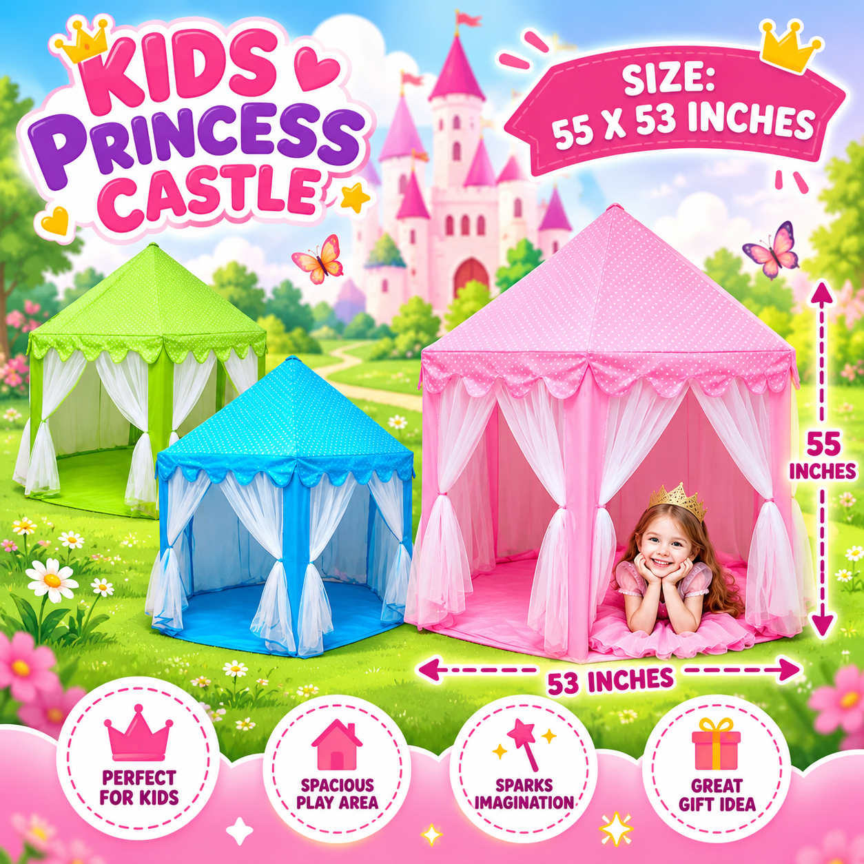 Kids Princess Castle Play Tent with Curtains – 55 x 53 Inches