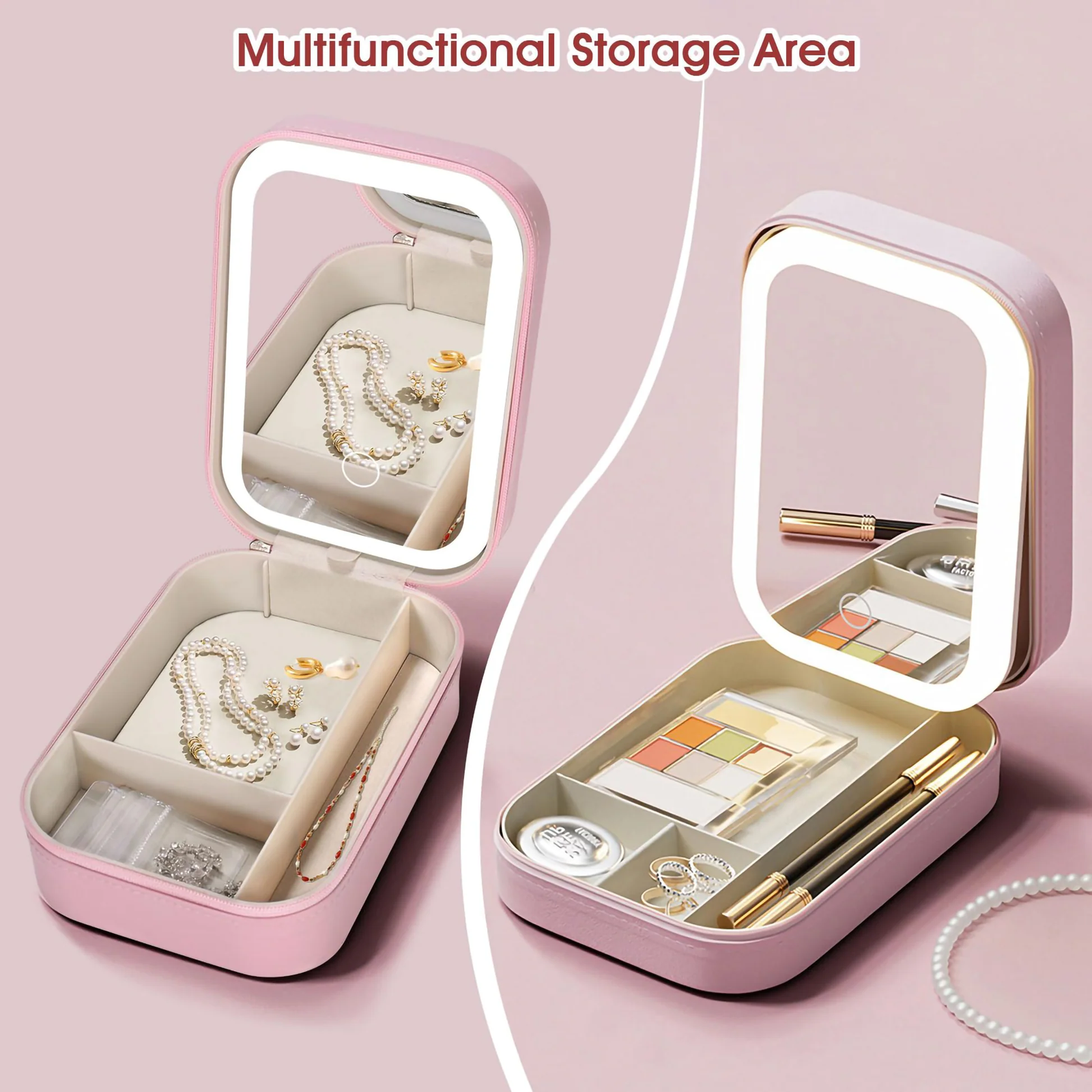 LED Makeup Mirror with Jewellery & Cosmetic Storage Box – Lighted Vanity Organizer - Image 3