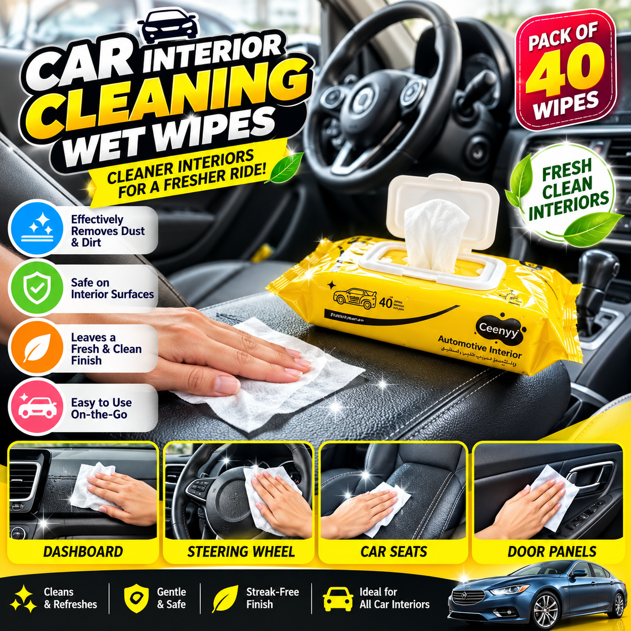 Car Interior Cleaning Wet Wipes – Pack of 40 | Dashboard, Seats & Interior Surface Cleaning