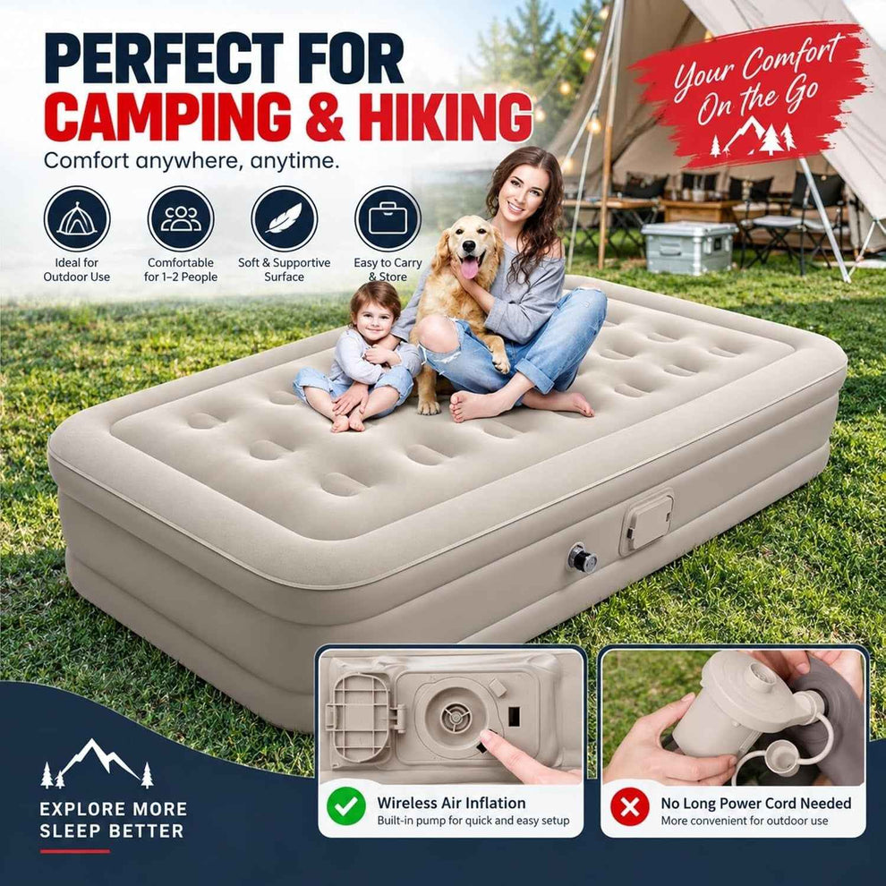 Inflatable Single Air Bed with Built-in Pump – Portable Air Mattress for Camping, Hiking & Guest Sleeping