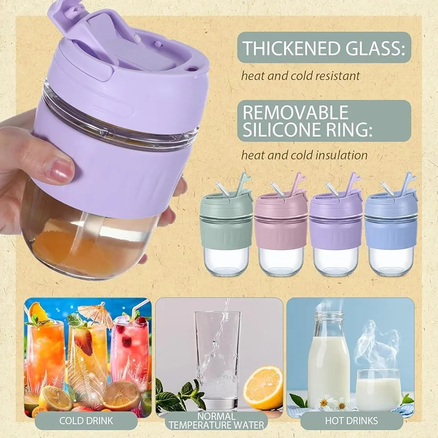 Glass Sipper 350ml with Straw, Flip-Top Lid & Silicone Sleeve – Portable Drinking Cup