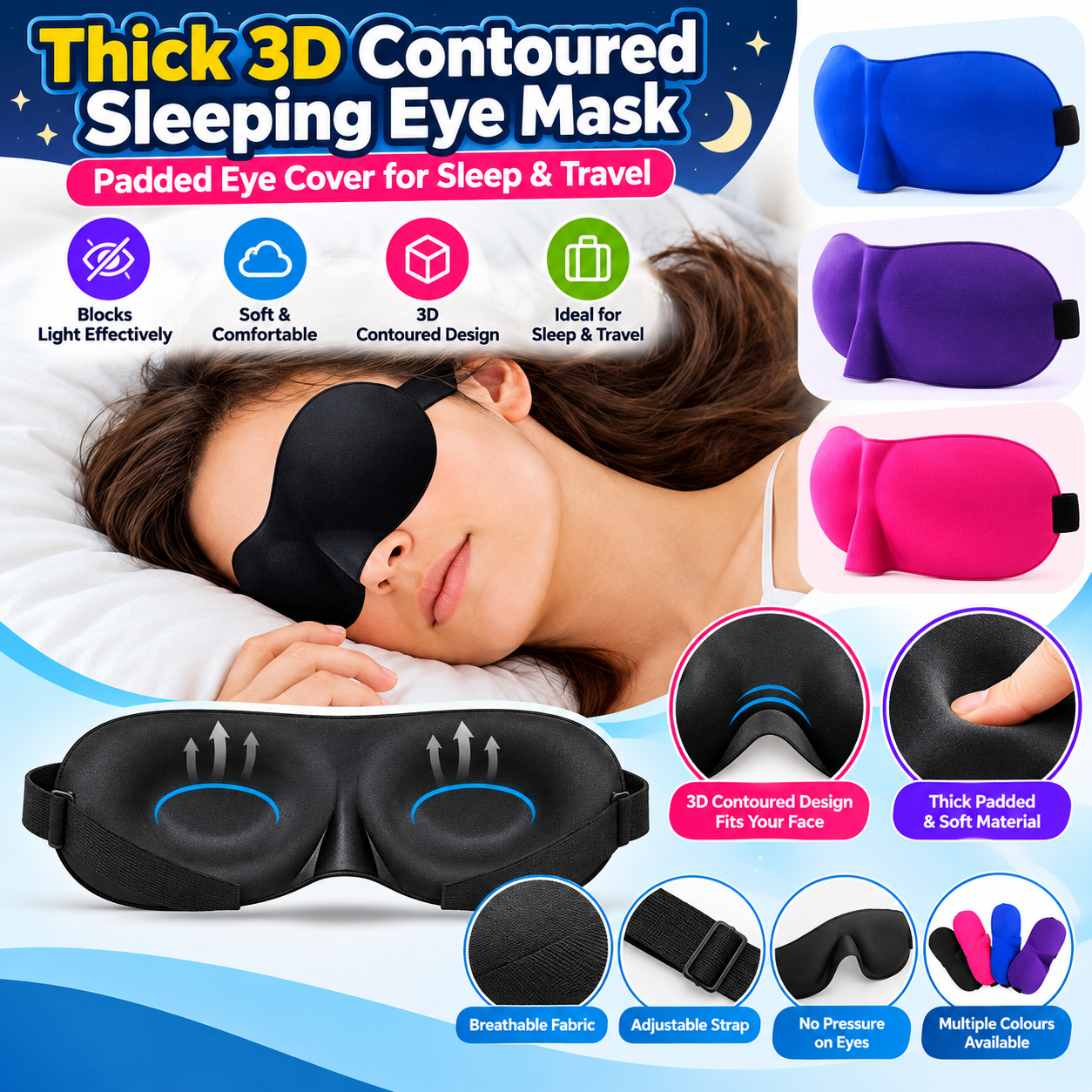 Thick 3D Contoured Sleeping Eye Mask – Padded Eye Cover for Sleep & Travel