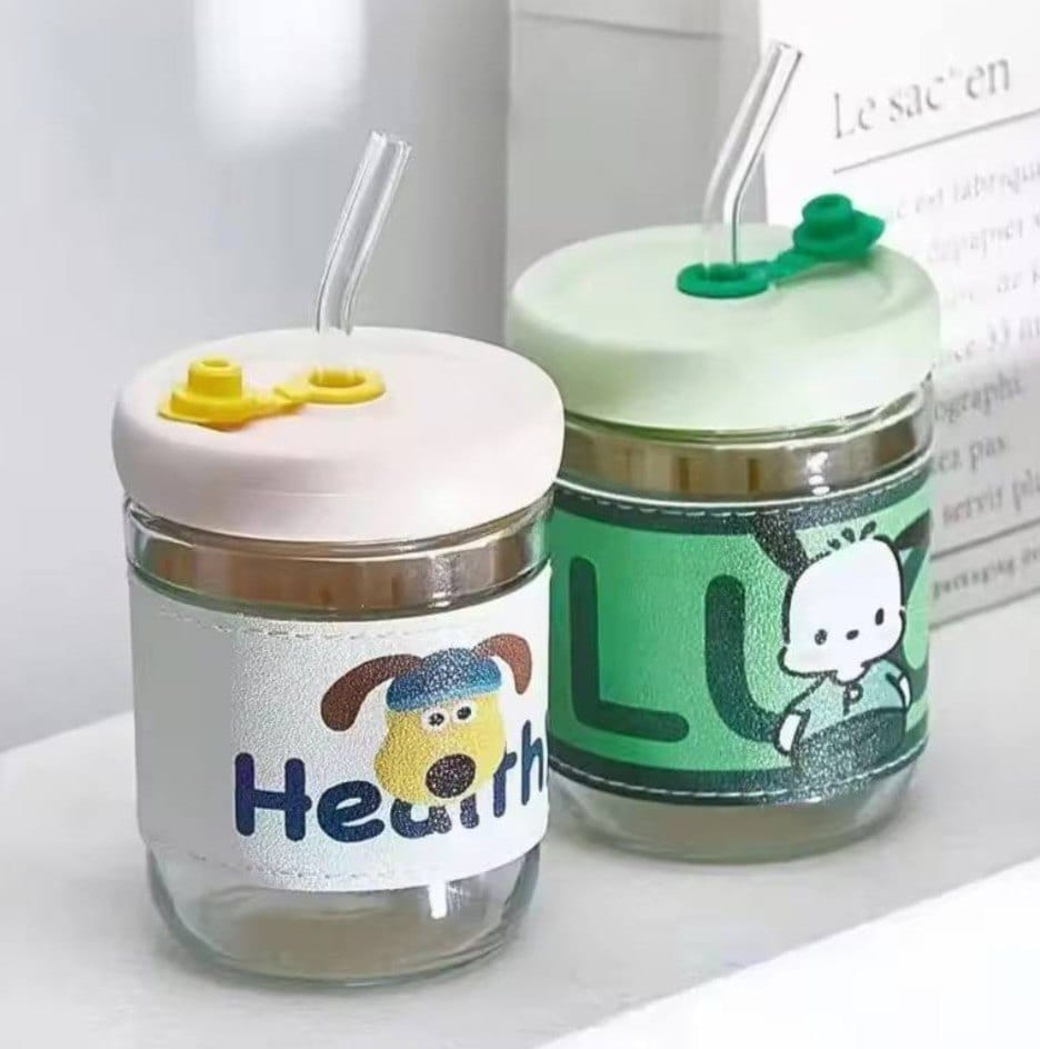 Glass Cup Sipper 350ml with Straw & Lid – Cute Cartoon Print Drinking Glass Tumbler