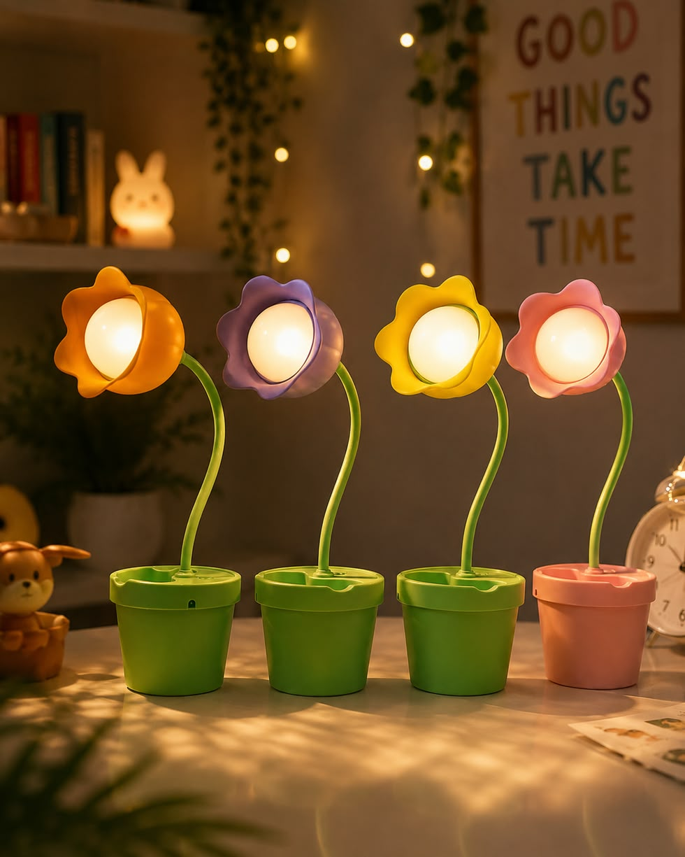 Flower Pot Shaped LED Desk Lamp with Pen Stand – Decorative Flower Night Light