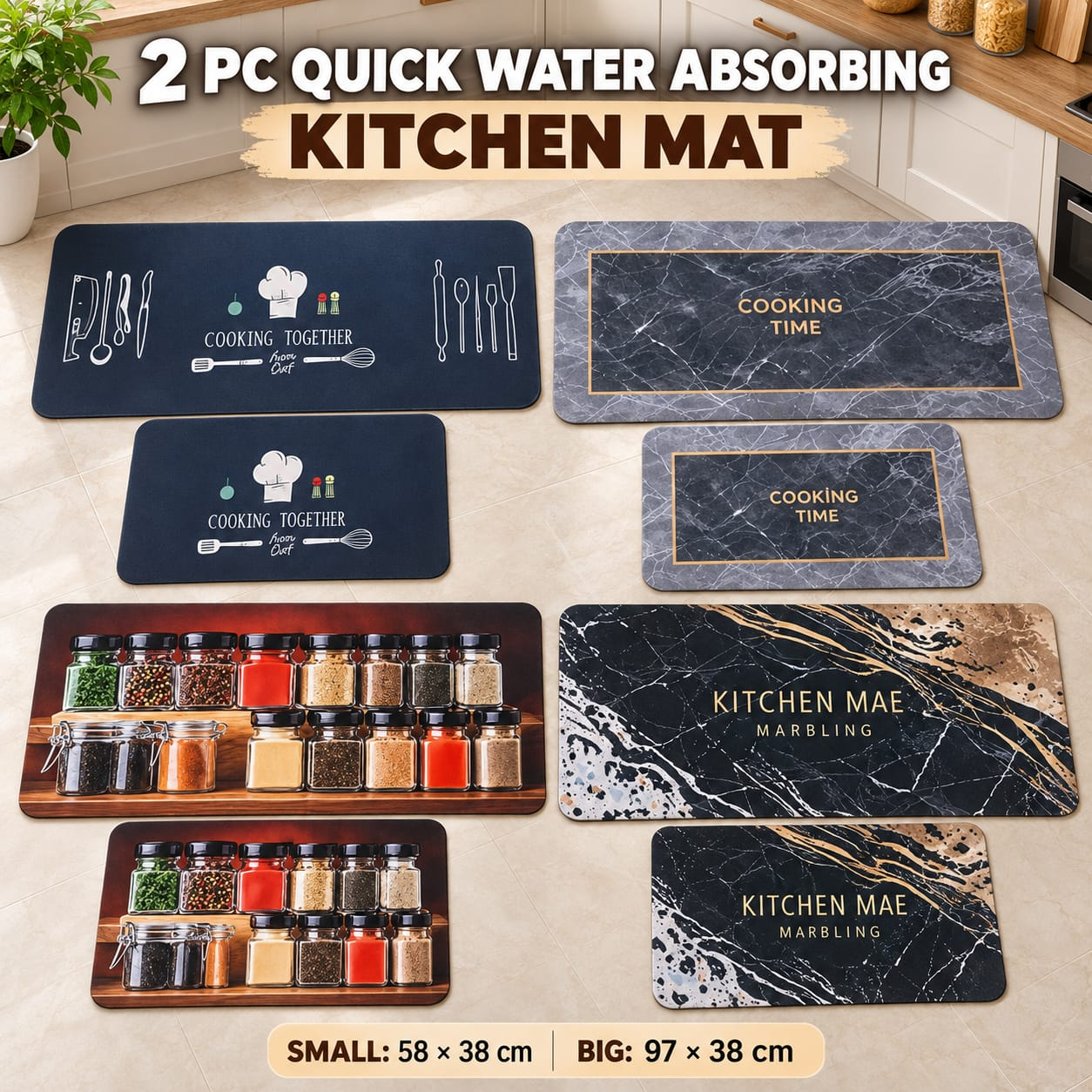 2 Piece Printed Kitchen Floor Mat Set – Quick Water Absorbing Kitchen Runner & Floor Mats (58×38 cm + 97×38 cm)