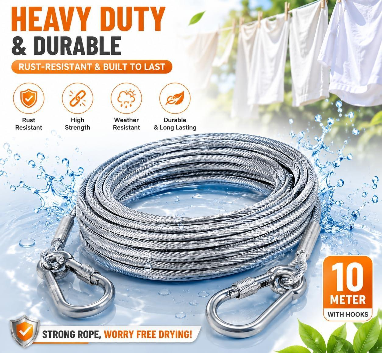 Heavy Duty Metal Clothes Drying Rope 10 Meter with Hooks – Rust Resistant Laundry Clothesline