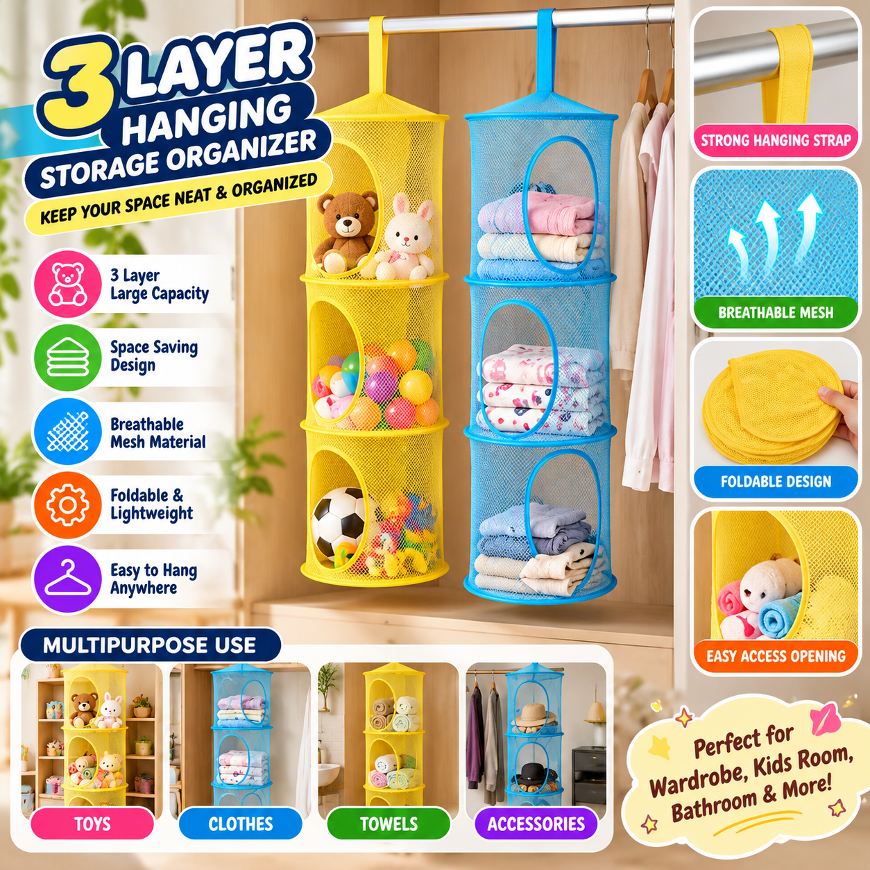 3 Layer Mesh Foldable Hanging Toy Storage Organizer – Space Saving Hanging Basket