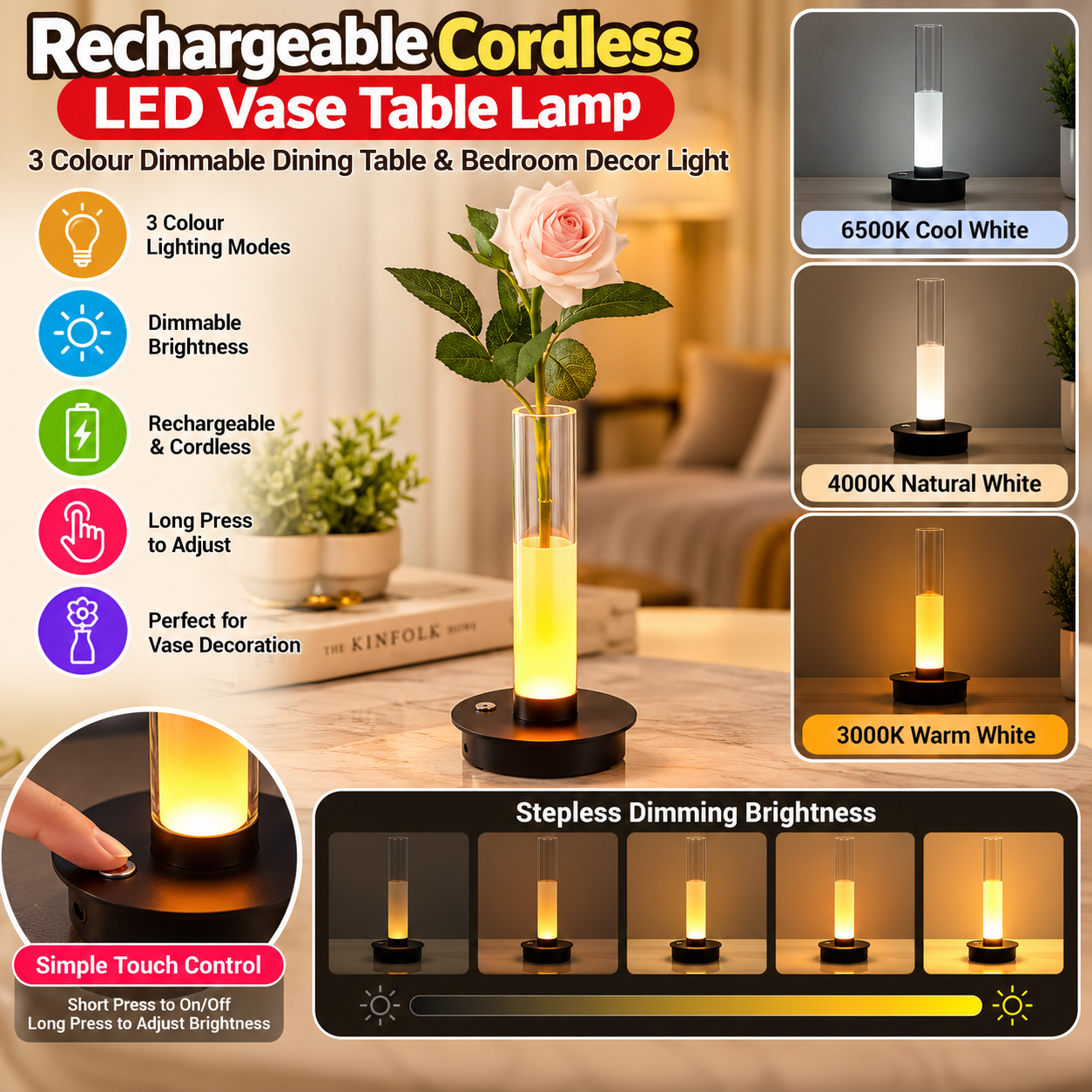 Rechargeable Cordless LED Vase Table Lamp – 3 Colour Dimmable Dining Table & Bedroom Decor Light