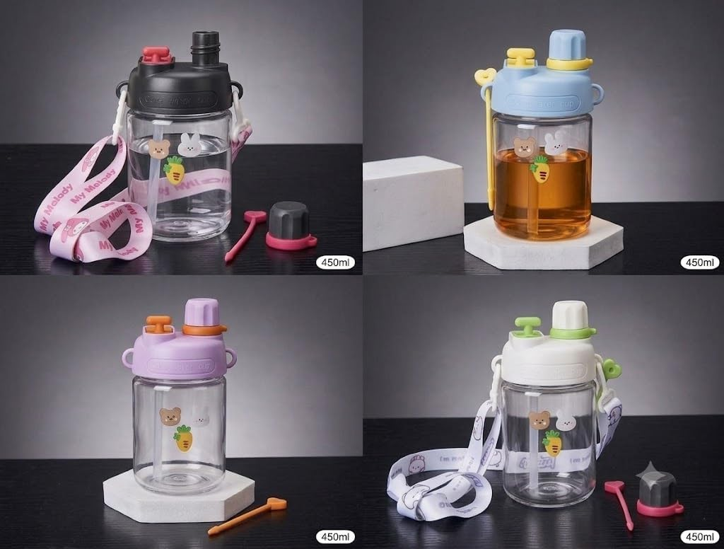 Cute 450ml Bear-Themed Glass Water Bottle for Kids – Straw & Carry Strap