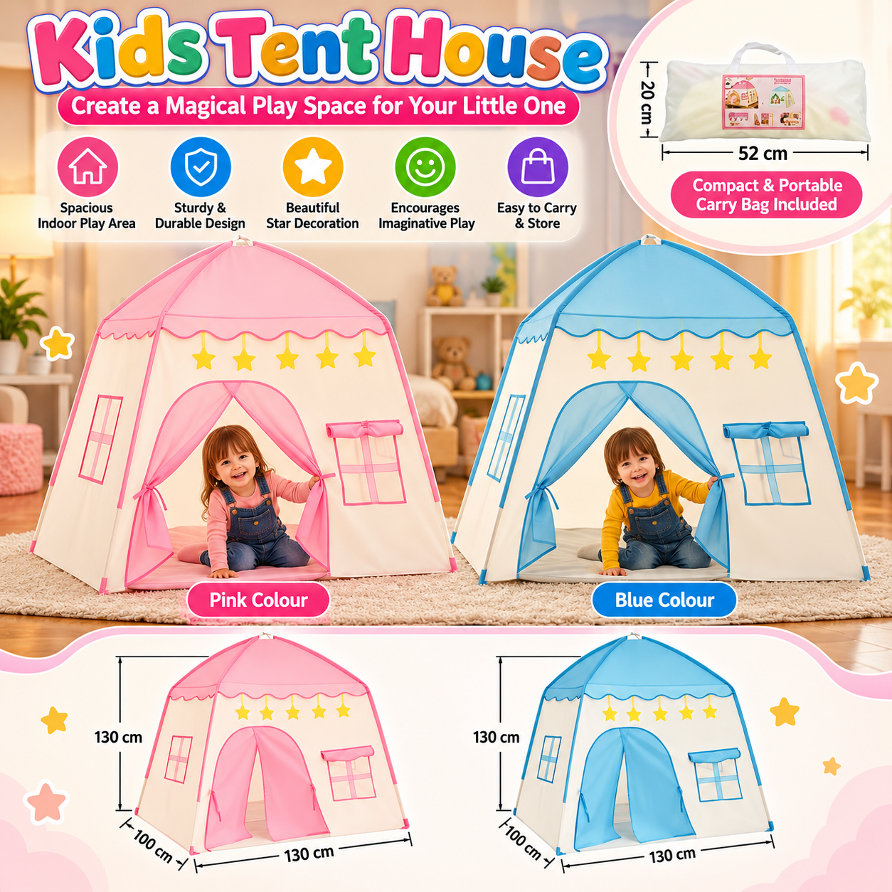 Kids Indoor Play Tent House – 210D Oxford Cloth Children's Playhouse with Curtain Entrance | Blue