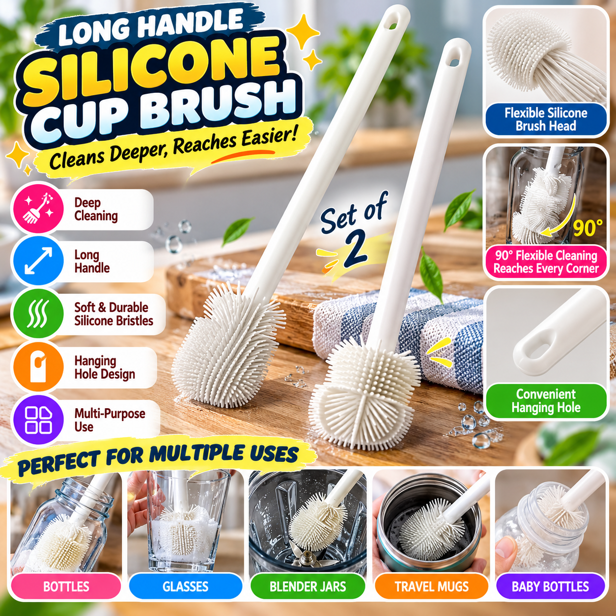 Long Handle Silicone Blender, Mixer & Bottle Cleaning Brush – Set of 2