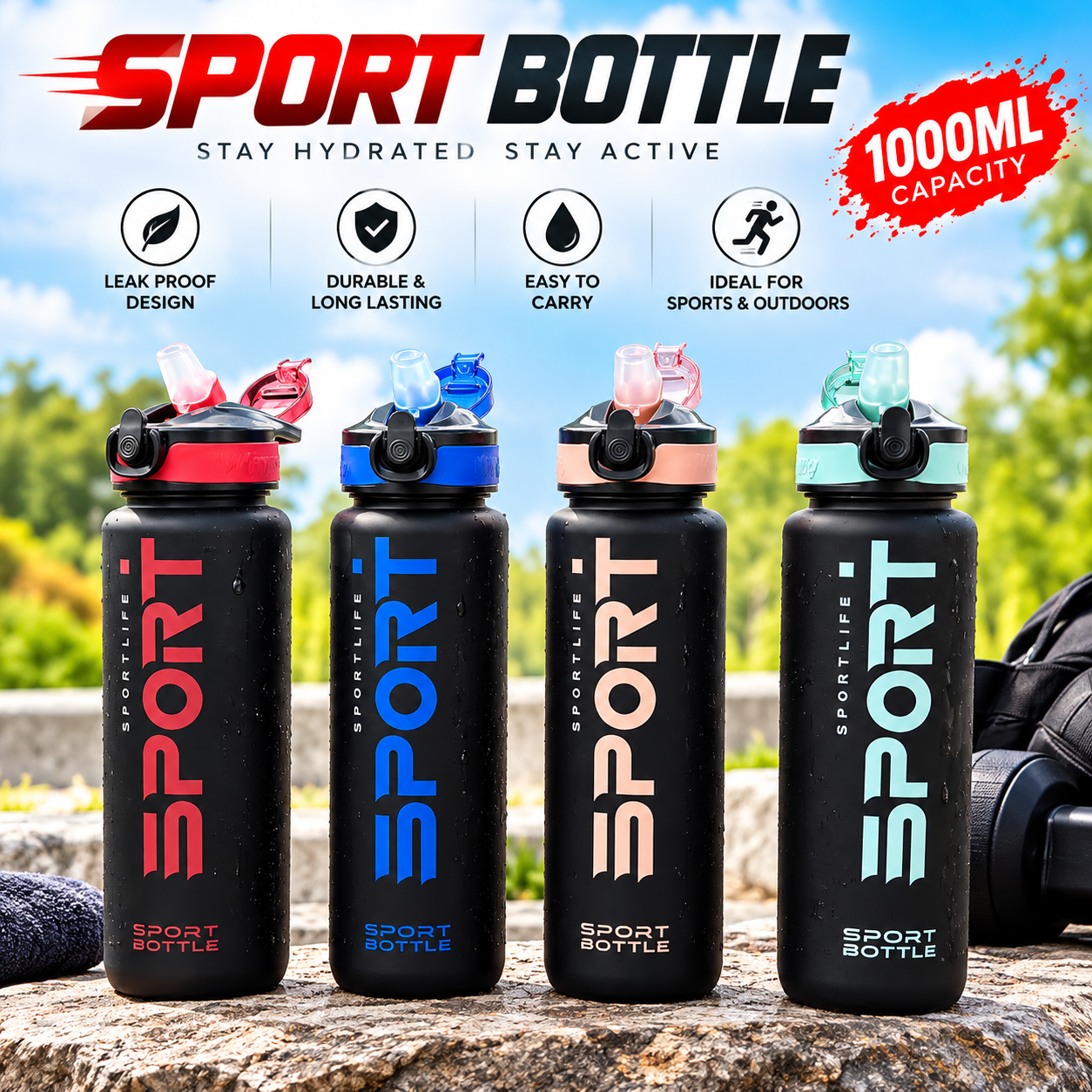 1000ML Sports Water Bottle with Flip-Top Lid – Black