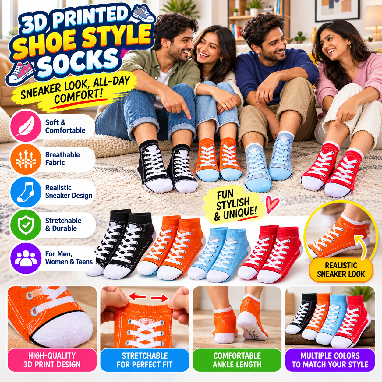 3D Printed Shoe Style Socks – Sneaker Design Ankle Socks