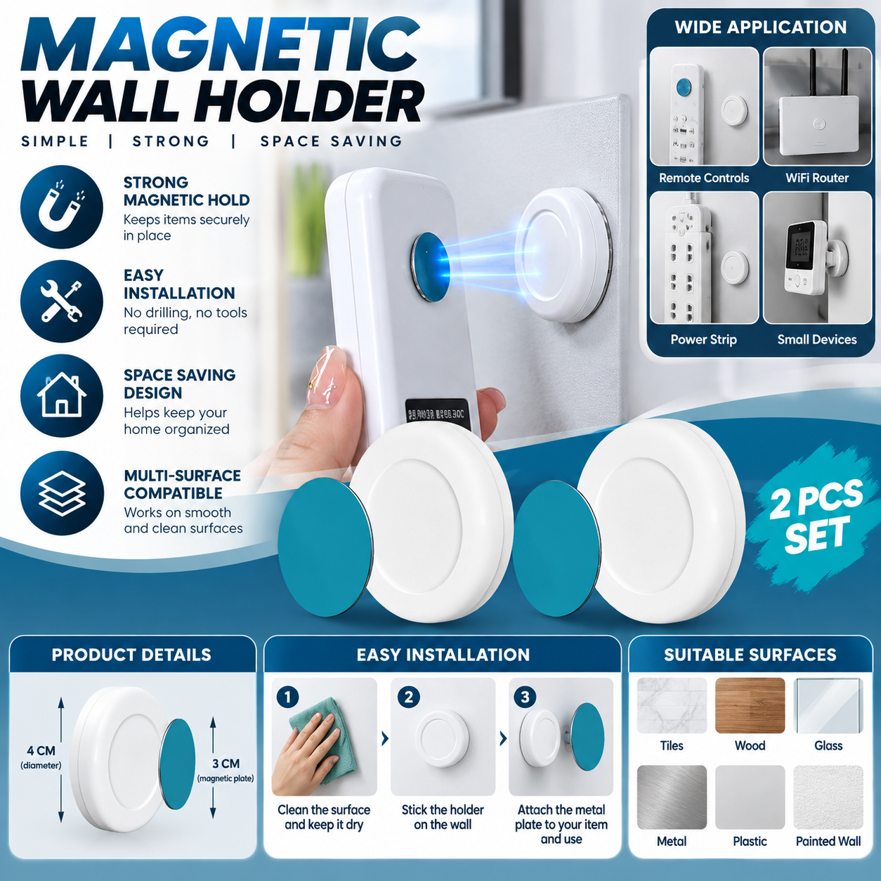 Set of 4 Magnetic Remote Control Holder Wall Mount – Space Saving Organizer