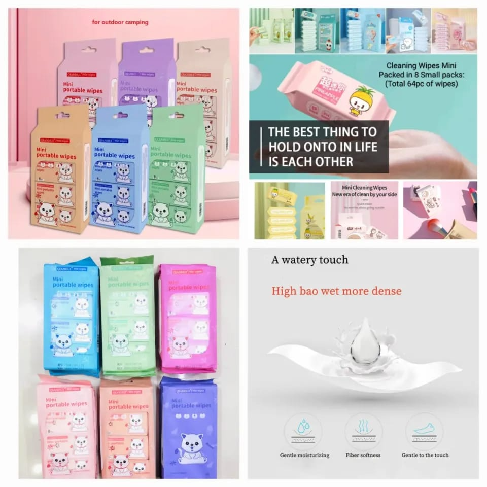 Mini Portable Wet Wipes – Pocket Size Cleaning Tissues, Travel Friendly, 8 Mini Packs (64 Wipes)
