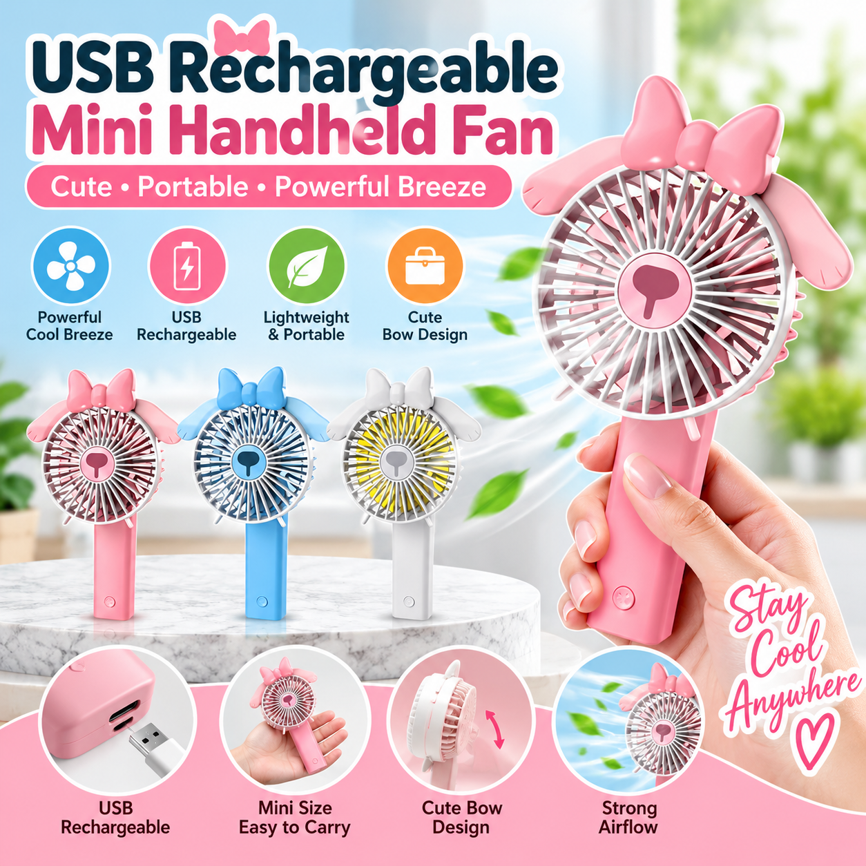 USB Rechargeable Bow Style Mini Handheld Fan – Cute Portable Personal Fan