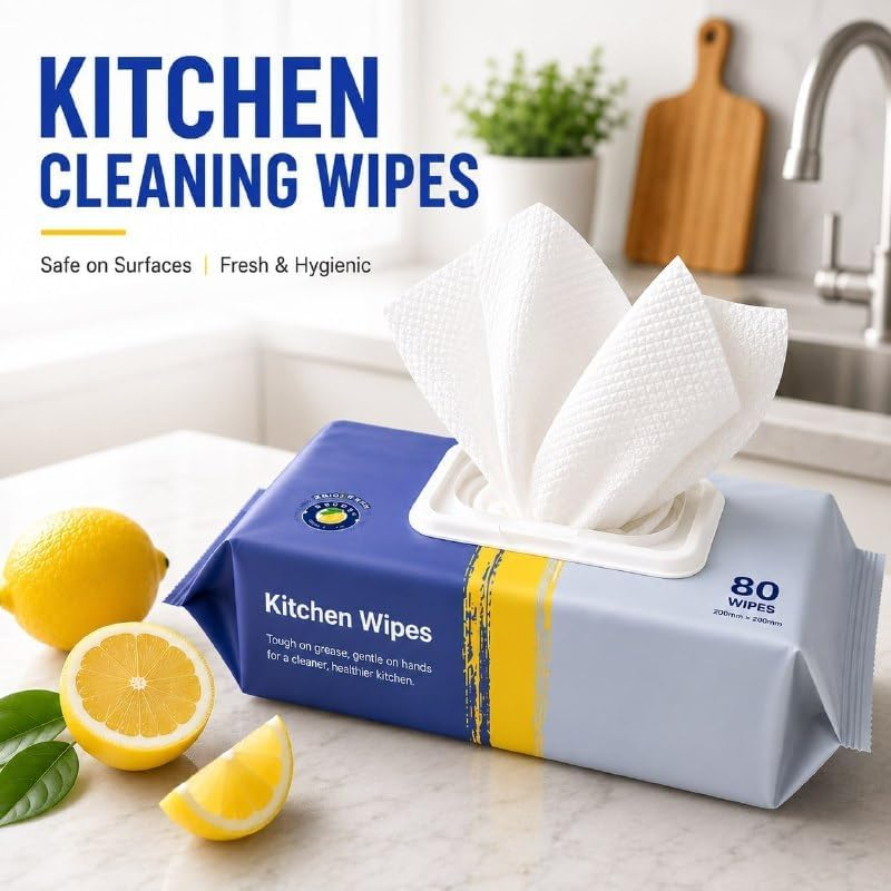 Kitchen Cleaning Wet Wipes – Pack of 80 | Multipurpose Grease & Dirt Cleaning Wipes for Kitchen Surfaces