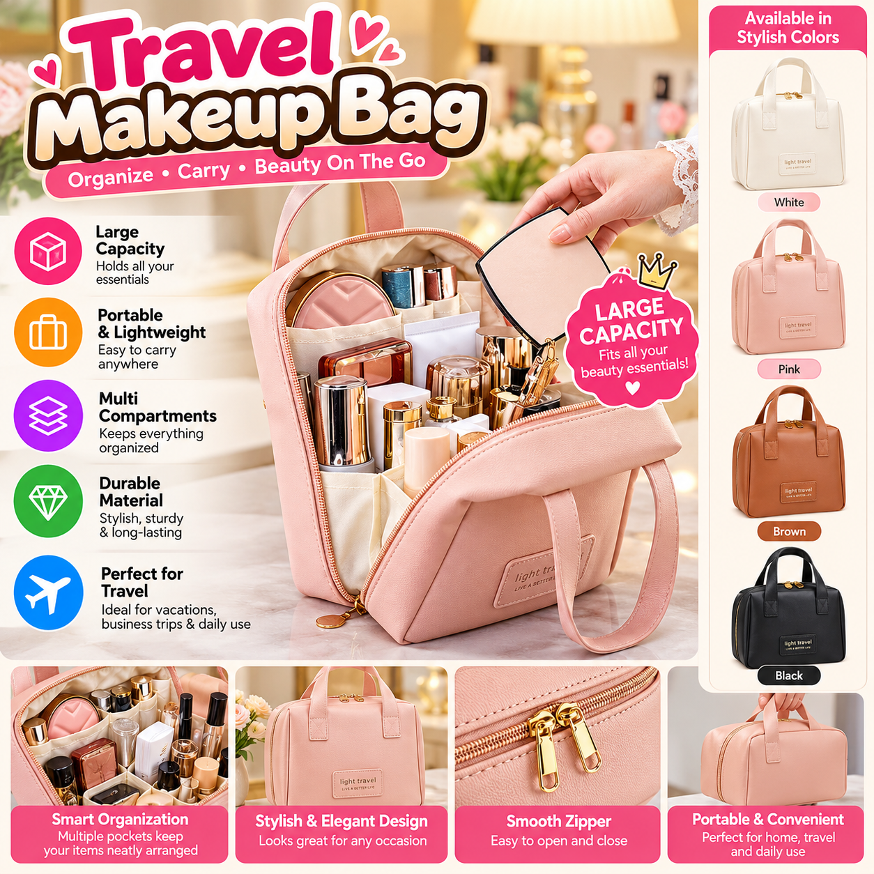 Travel Makeup Bag & Cosmetic Organizer – Large Capacity Portable Toiletry Storage Bag with Handle