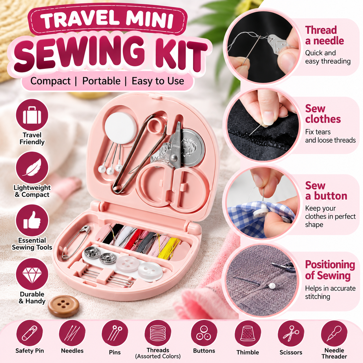 Travel Mini Sewing Kit – Portable Sewing Repair Kit with Needles, Threads, Scissors & Accessories