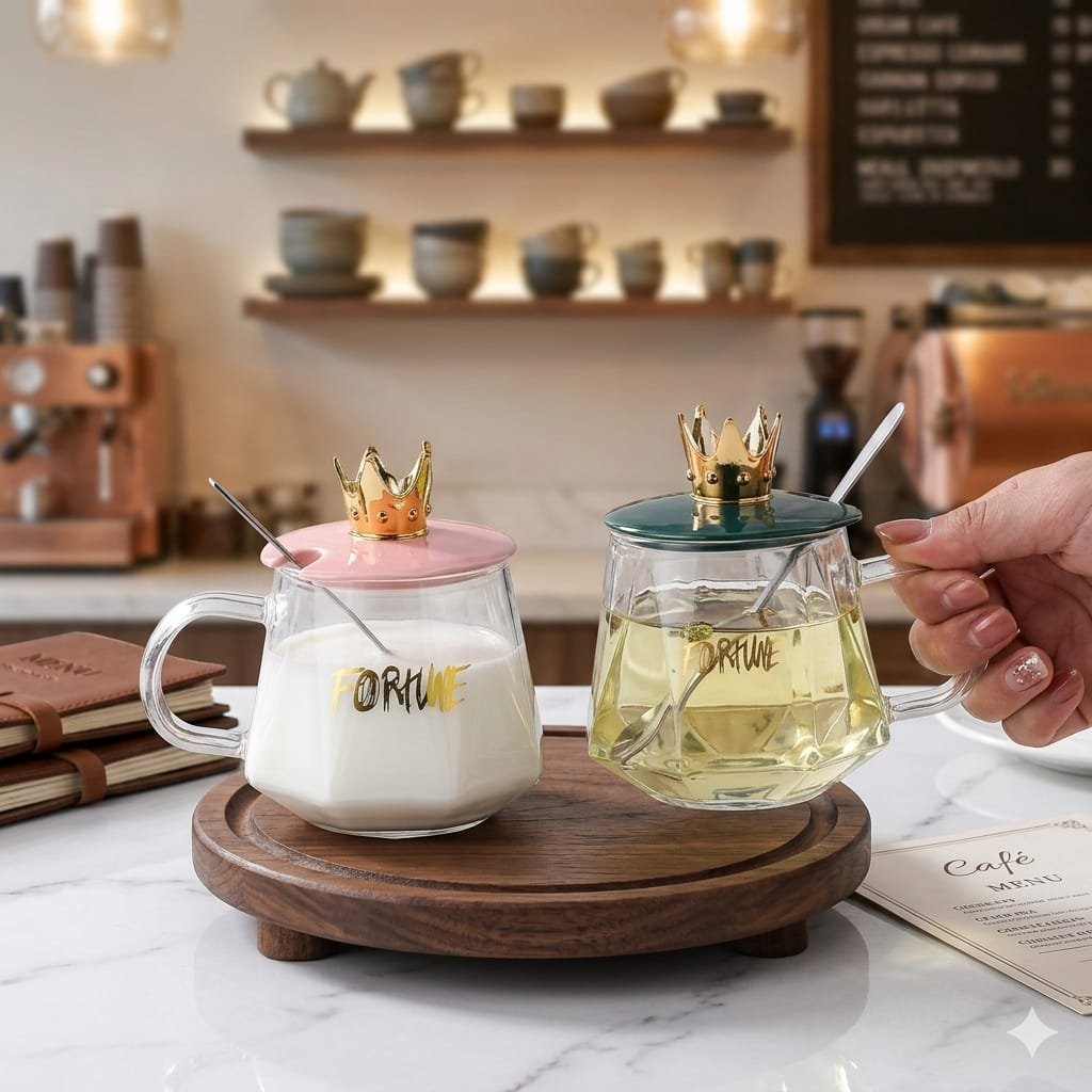Glass Coffee Mug with Crown Lid & Spoon – Cute Transparent Tea & Coffee Cup with Handle