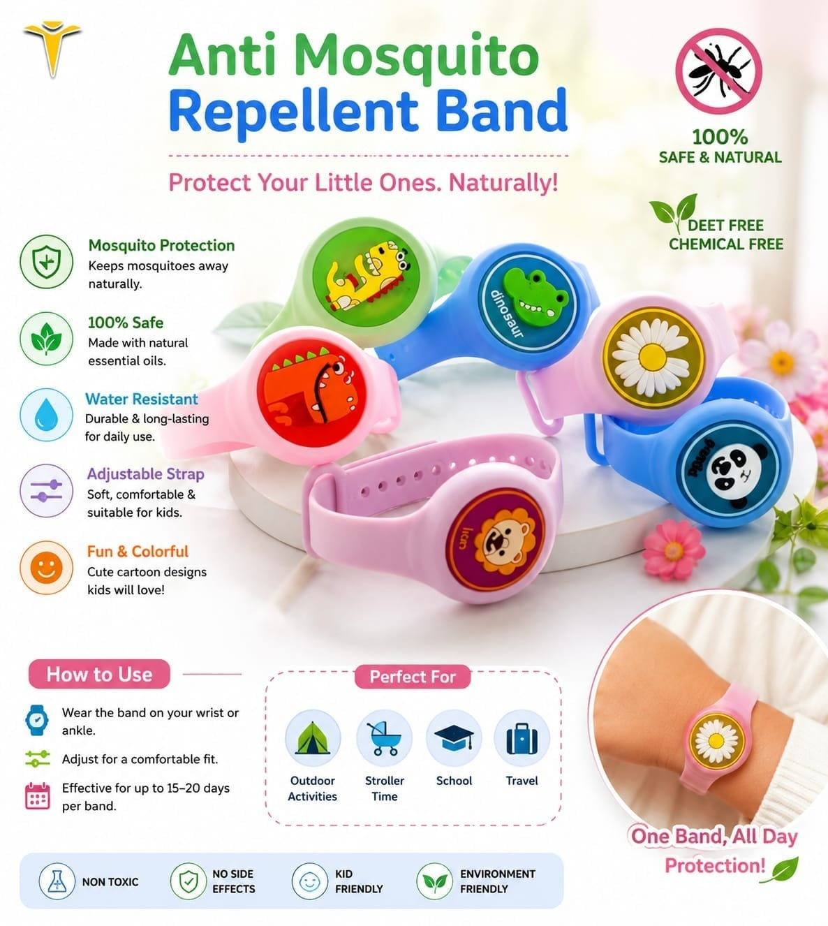Mosquito Repellent Band for Kids & Adults – Adjustable Cartoon Wristband for Outdoor Use