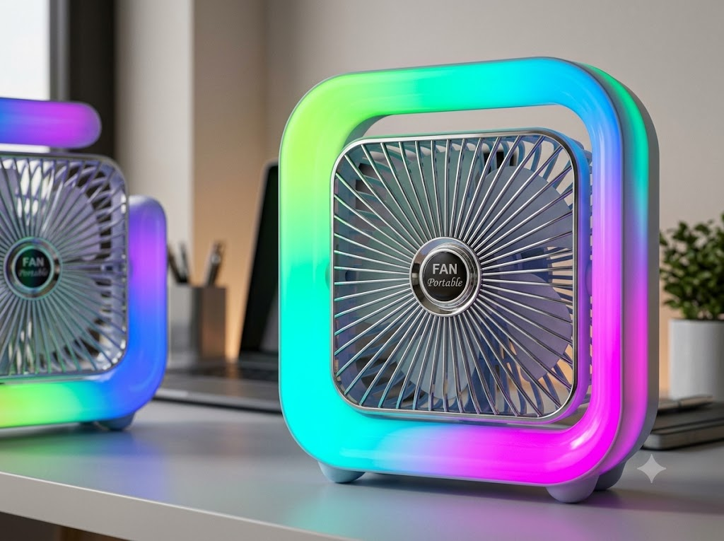 Square Desktop Fan with RGB Lights – Portable Table Fan for Home & Office