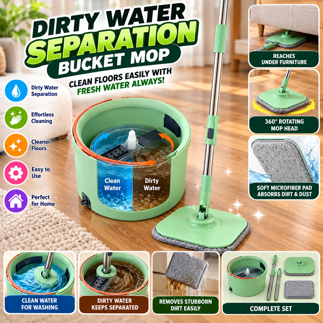 Dirty Water Separation Bucket Mop – Flat Floor Cleaning Mop with Bucket & Microfiber Pad
