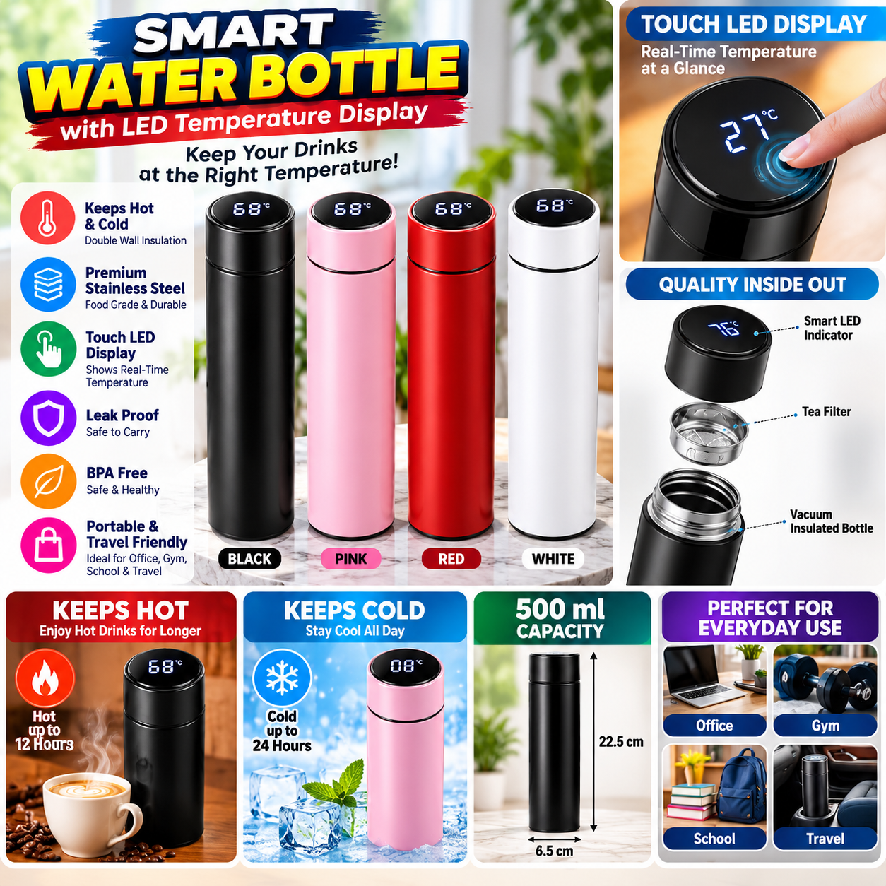 Water Bottle With LED Temperature Display 500 ml Bottle
