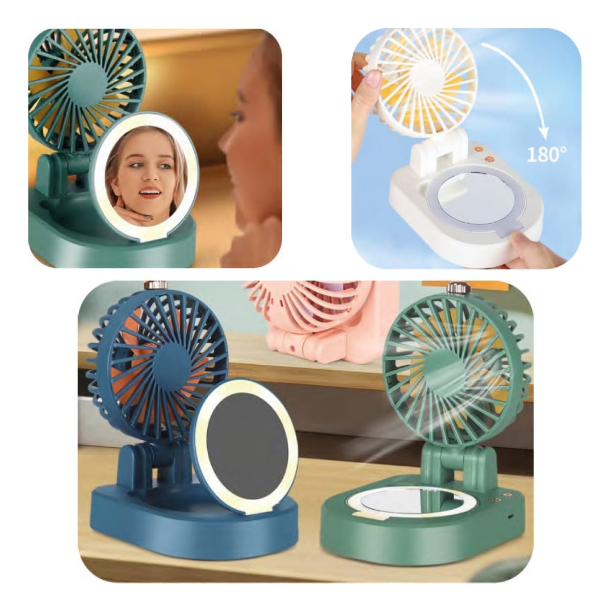 Mini Selfie Fan with LED Light & Mirror – Portable Foldable Desktop Cooling Fan