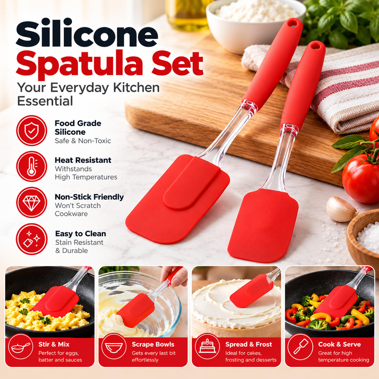 Set of 2 Silicone Spatula with Transparent Handle – Flexible Kitchen Scraper for Baking & Cooking